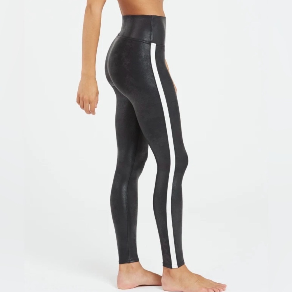 SPANX Brand New Faux Leather Leggings- Black with White stripe NWT! Orig $110